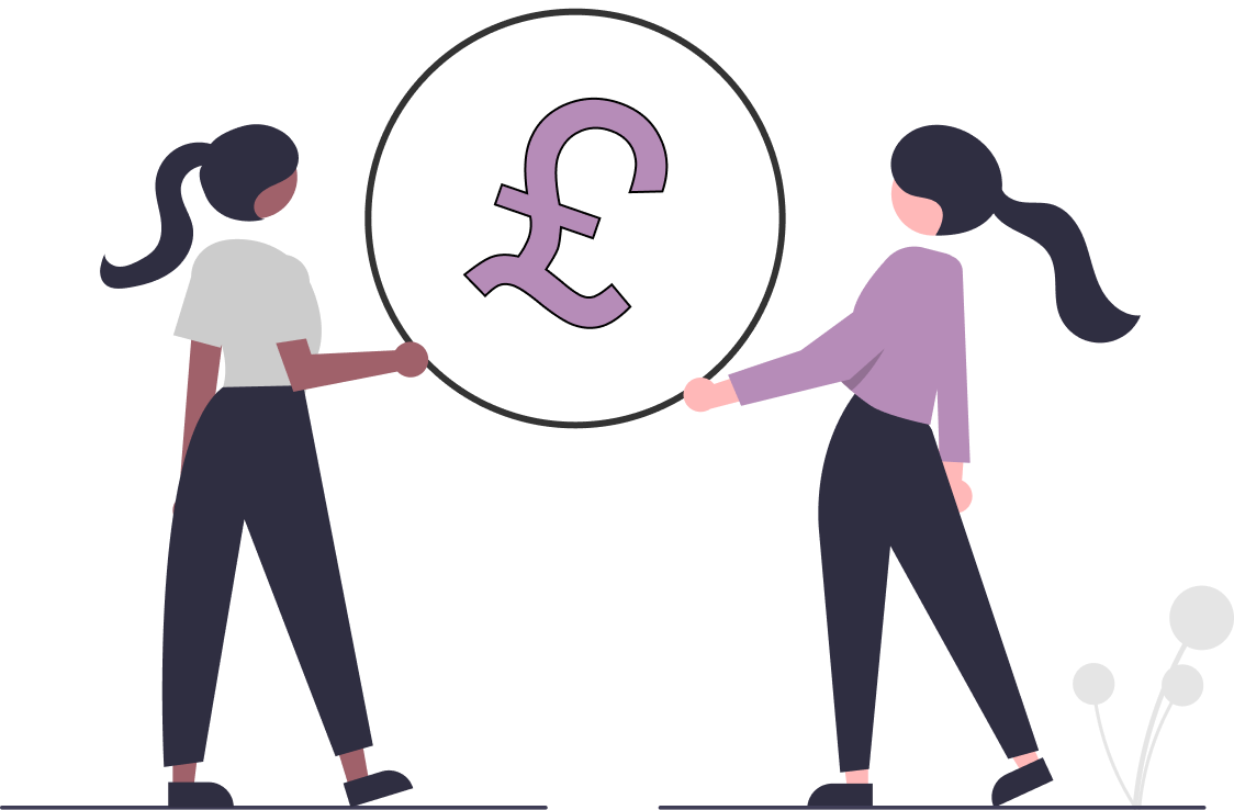 Two cartoon women holding a circle with a big purple pound sign in the middle