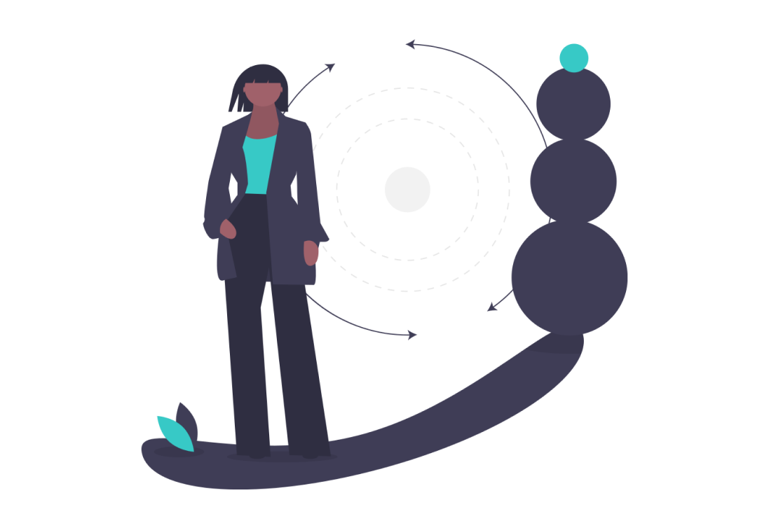 Cartoon woman in black suit standing next to four consecutively smaller circles